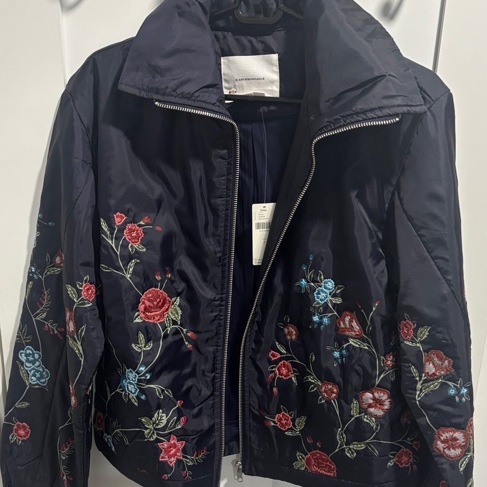 Anthropologie Navy Floral Embroidered Bomber Jacket